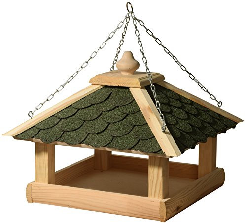 dobar® 44256e Klassisches Vogelfutterhaus - Vogelhaus Massivholz - Futterstation mit Bitumendach - Vogelvilla mit Kette zum Hängen - Futterhaus für Garten/Terrasse/Balkon - 39 x 39 x 30 cm - Grün