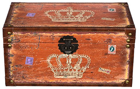 Truhe Kiste SJ14307 Krone Königin England Holztruhe mit Kunstleder bezogen im Vintage Look Schatzkiste Piratenkiste Metallbeschläge koloniale Holzbox mit Ornamenten (Größe L 49cmx28x25cm Orange)