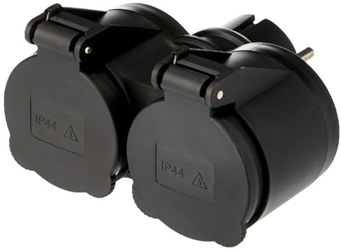 Electraline 55074 Adattatore da Esterno 2 prese Schuko, Resistente all'acqua IP44, Spina tedesca, Multipresa 2 posti schuko con tappo, Nero