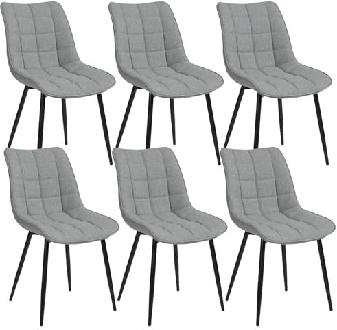 WOLTU Esszimmerstühle 6er Set Küchenstuhl Polsterstuhl Wohnzimmerstuhl Sessel mit Rückenlehne, Sitzfläche aus Leinen, Metallbeine, Hellgrau BH206hgr-6
