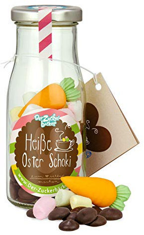DIY heiße Oster Schoki, süße Trinkschokolade im Glas mit Schoko-Drops, Mini Marshmallows und Zuckermöhre, warmer Kakao zum Selbermachen, süßes Geschenk für Ostern
