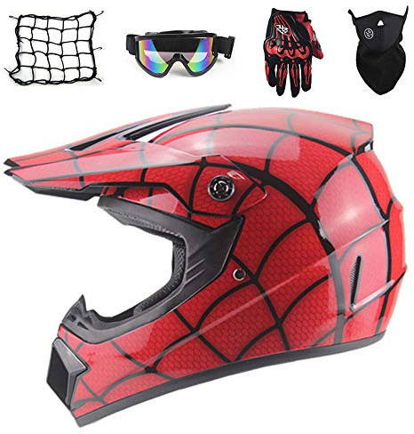 MRDEAR Casque Moto Enfant Rouge/Araignée, VTT Integral avec Lunettes (5 PCS) - Set Protection BMX Velo Quad ATV Scooter