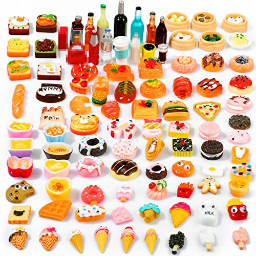 100 Pièces Jouets de Miniatures Alimentaires Boissons Mini Aliments en Résine Mélangée pour Cuisine de Poupée Jeu de Simulation Ensemble de Mini Nourriture pour Adulte Maison de Poupée