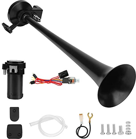 Brynnl 12V 125db Air Horn, 45cm Zinc Alloy Single Trumpet Truck Air Horn with Compressor Air Horns Kit Speaker Trumpet Super Loud Any 12V Vehicles Trucks Lorrys Trains Boats Cars
