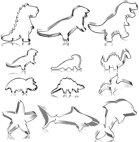 12 pcs Cookie Cutters, BOSOIRSOU 6 pcs 3 and 6 pcs 1.5 Dinosaur Sea Creature Shape Stainless Steel Biscuit Metal Molds for Kitchen Baking Cake Candy Bread