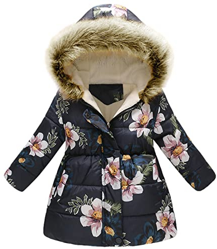 amropi Manteau Enfant Fille À Fleurs Veste à Capuche Fourrure Chaud Hiver Vêtement pour 2-10 Ans