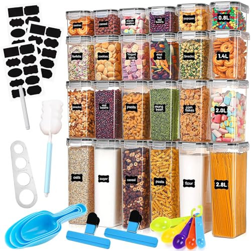 JOTOL Contenitori Alimentari per Cereali Set,24 Pezzi Ermetici, Senza BPA, per Pasta, Farina, Zucchero,di Plastica con Coperchio con Etichette,Cucchiaio
