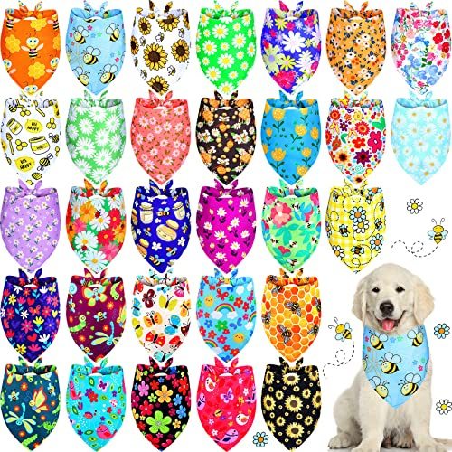 Eccliy 30 Pack Spring Dog Bandanas Bulk Flower Dog Scarfs Summer Head Wrap Soft Triangle Polyester Bandana Pet Costume Cute Bibs with Flowers Patterns for Female Male Small Medium Large