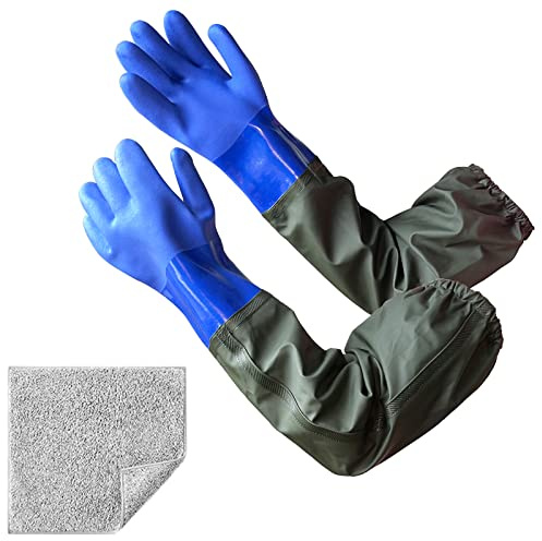 YeloYolker Rubber Chemical Resistant Work Gloves, 27.6” Long Waterproof PVC Pond Gloves, Non-slip Reusable Heavy Duty Sewer Gloves for Fishery, Machinery, Chemical Industry (Large)