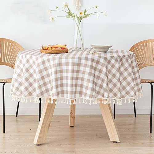 Ricemru Kariert Tischdecke Abwaschbar Rund 160 Taupe Weiß Garten Tischdecken Wasserdicht Lotus Fleckschutz TPU Outdoor Gartentischdecke Elegant Tischtuch Tischwäsche mit Quaste