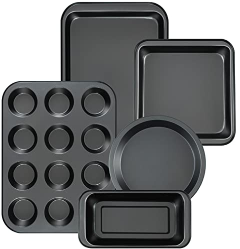 mobzio Kitchen 5-Piece Nonstick Bakeware Set - Round/Square Cake Pans, Muffin Pan, Loaf Pan, Roast Pan & Baking Sheets
