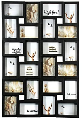Wackadoo Bilderrahmen Collage schwarz 24 Fotos 10x15 cm – Galerierahmen zum Aufhängen im Hoch- & Querformat – Leichter Kunststoff Mehrfachrahmen – Moderne Wanddeko für mehrere Bilder, picture frame