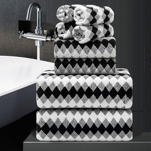 8 Piece Bathroom Towel Set Black White|2 Oversized Large Bath Towels Sheet,2 Hand Towels,4 Washcloths| 600GSM Soft Towel Set for Bathroom Hotel,Highly Absorbent Quick Dry Bath Towel Collections