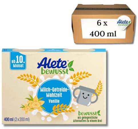 Alete bewusst Milch-Getreide-Mahlzeit Vanille, ab dem 10. Monat, trinkfertige Babynahrung mit Vanille-Aroma, praktischer Ersatz zu Babybrei, warm oder kalt trinken, 6 x 400 ml (2 x 200 ml)