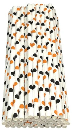 Haobase Lot de 50 pailles en papier biodégradables pour boire des cocktails, du café, des boissons froides (tricolore) (blanc/orange à pois noirs)