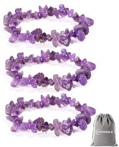 GENSMILE Pulsera de piedra amatista con cadena de piedras de cristal - 3 PCS Pulsera de cuentas de roca natural para damas, piedra de energía de yoga real, regalos de cadena de amatista para mujeres