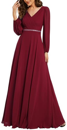 Ever-Pretty Vestido Largo para Invitadas de Boda con Cuello en V para Mujer Mangas de Linterna Vestido de Noche Elegante Burdeos 42