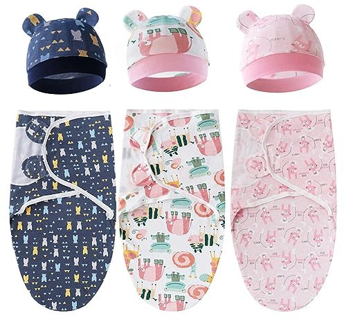 3er Baby Wickeltuch Neugeborene Decke mit Baby Beanie Mütze 0-6 Monate weiche Baumwolle Pucktücher Unisex Baby Swaddle Sack Schlafsack Kleinkinder Baby Schlafmütze Kleinkinder Warm Wickeltuch