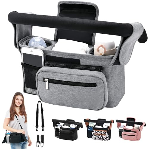 HINATAA Baby Pram Bag Stroller,Baby Stroller Organizer- Detachable Phone Bag & Shoulder Strap, 2 Insulated Cup Holder,Buggy Organiser Bag with Shoulder Strap&Non-Slip Secure Hooks (Grey)