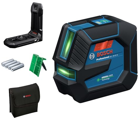 Bosch Professional linjelaser GLL 20-22 G (fäste LB 10, grön laser, för inomhusbruk, dubbel kraftkälla, 2 x 1,5 V LR6-batterier, skyddsfodral)