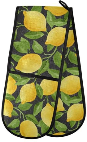 Double Oven Gloves Heat Resistant Yellow Lemon Double Oven Mitts Pot Holder Heat Protection Oven Gloves for Home Kitchen Baking Cooking BBQ Microwave