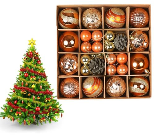 44pcs Christmas Tree Decorations - Orange Baubles, Xmas Balls 3cm & 6cm - Mini Baubles, Plastic Bulbs for Xmas Tree, Home Party, Wedding Decor
