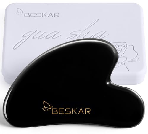 BESKAR Gua Sha Facial Tools, Natural Jade Stone Guasha Massager for Jawline Sculpting, Tighten Face Skin and Reduce Wrinkles, Face Eyes Body Neck Massage Tool, Skin Care Gift (Black)