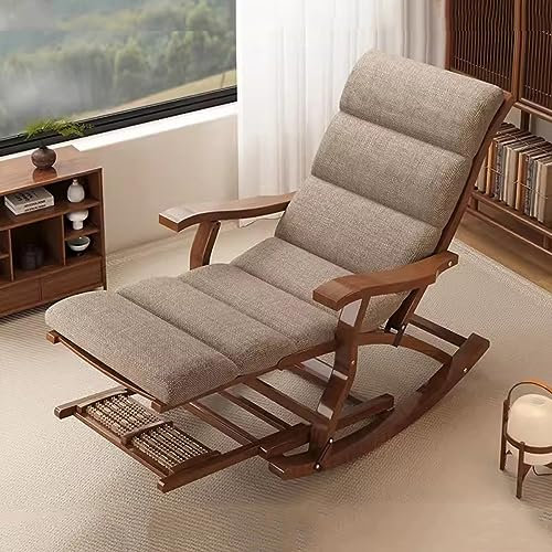 Klappbarer Schaukelstuhl aus Holz, Schaukelstuhl, Liegestuhl, Garten-Relaxsessel für Erwachsene und Senioren, Terrassenstühle mit Fußstütze und Armlehne, ergonomische Rückenlehne verstellbar (Farbe: