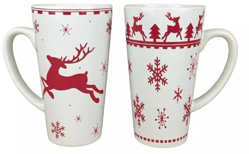 2er Set große Keramik Becher - Hirsch Schneeflocke - Inhalt 450ml Kaffeebecher Tasse Jumbobecher Glühweinbecher (weiß)