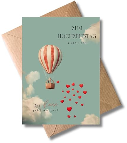 WBdesignz Jahrestag Hochzeit Karte mit Umschlag - Geschenkkarte Hochzeitstag Zum Hochzeitstag Alles Liebe - Ehe, Reise - Heißluftballon mit Herzen & Wolken - Glückwunschkarte Liebe Jubiläum (DIN A6)