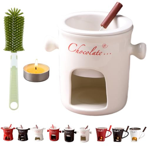 Vgpbphj Fondue Cup, Mini Ceramic Chocolate Melting Pot Set with Forks, Individual Fondue Mug, Personal Butter Warmer, Gift Set for Birthdays & Special Occasions (White-B)