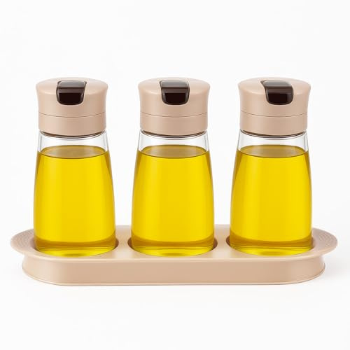SUNJULY Botellas de aceite de cristal, 3 unidades de 250 ml de aceite y vinagre con bandeja, dispensador de azúcar de vidrio con boquilla plegable automática, azucarero, vaso esparcidor, salero