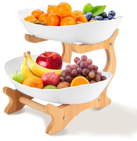 RETON Obstkorb Etagere 2 Stöckig, Weiße Obstschale Obstkorb Obstetagere, Plastik-Fruchtkorb-Gestell mit Bambusholz-Ständer für obst aufbewahrung, Salate, Snacks, und Desserts (2 Stöckig)
