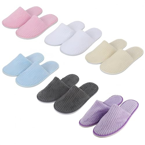HJYDGJ 6 par färgglada tofflor set hotell tofflor set frotté tofflor för skönhetscentrum fest gäst tofflor tvättbar halkfri korallfleece hotell badtofflor gäster unisex