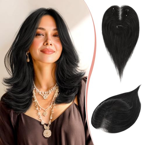 RUWISS Haar Toppers Echthaar für Damen Echthaar Topper Natürlich Schwarz Glatter Hair Topper Clip in Haarteil ohne Pony für Frauen