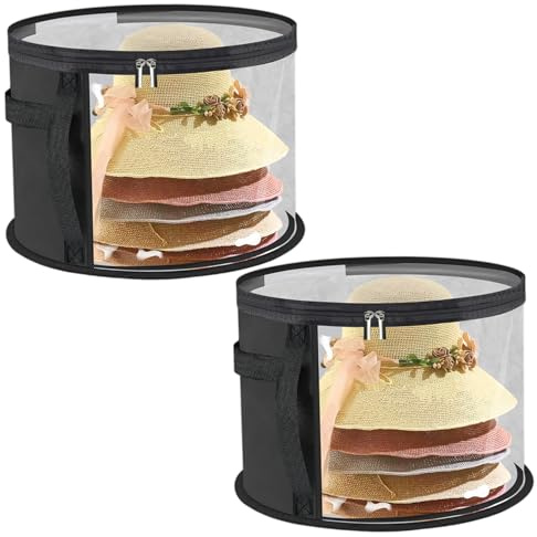Muzrunq Caja para sombreros redonda con tapa transparente y ventana, organizador de sombreros de 42 x 25 cm con cierre de cremallera y asa, contenedor portátil de tela no tejida, 2 unidades.