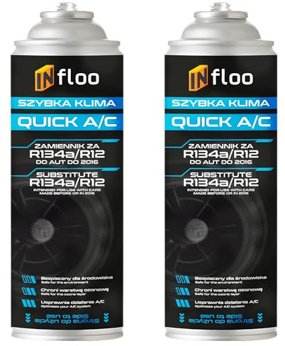 INfloo Quick A/C – 2x Gaz Réfrigérant R134a (2x185g) avec Valve Anti-retour + Gants | Climatisation Auto | Pour véhicules jusqu’à 2016 | Remplaçant R134a
