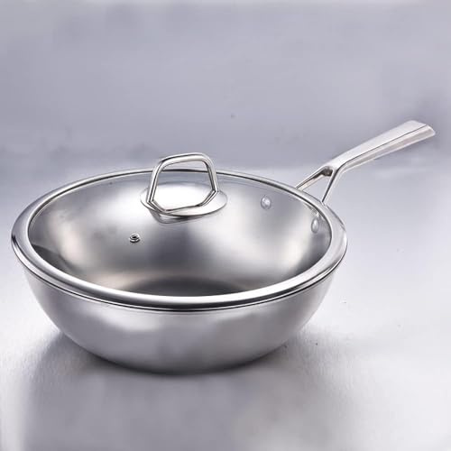 GUHPZA Padella Antiaderente in Titanio Puro, da 1 Pollice con Coperchio in Vetro Temperato, Padella per Frittata Non Rivestita, Cottura A Gas E Induzione, 34 Cm，34 CM