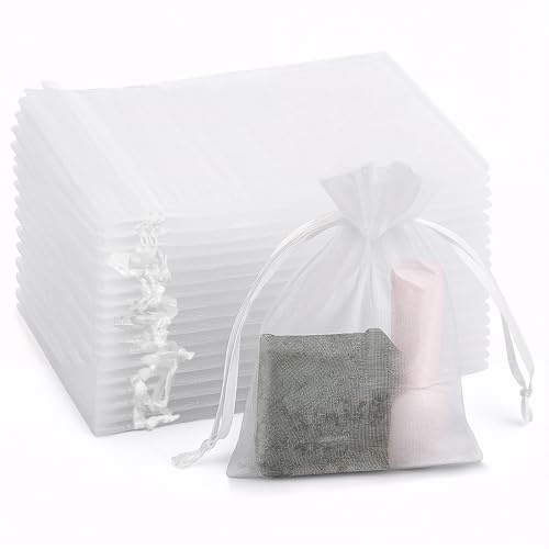 Guduling 100 Stück Gaze Säckchen, Kleine Organzasäckchen, Organzabeutel Transparent, Organza Beutel, Organzabeutel Geschenkbeutel für Süßigkeiten Geburtstag Hochzeit Weihnachtsgeschenke, Weiß