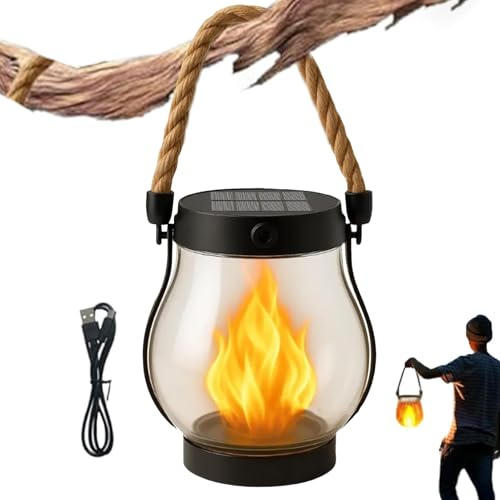 Luci solari per esterni – Lanterna solare con fiamma tremolante con manico in corda, lampada da giardino impermeabile da appendere con ricarica USB, decorazione per patio e vialetto di Halloween