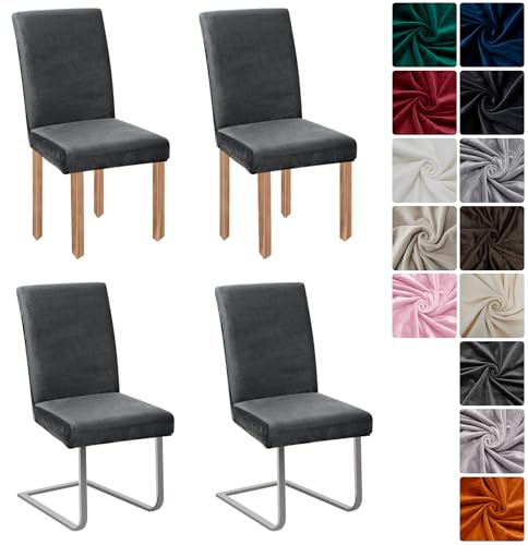 Stuhlhussen Samt 4er Set, Hussen Für Stühle, Stretch Stuhlbezug, Dunkelgrau | Universell Stuhlhussen Schwingstühle, Waschbarer Stühle Schutz Für Esszimmer Küche Restaurant Hotel Bankett Hochzeit Party