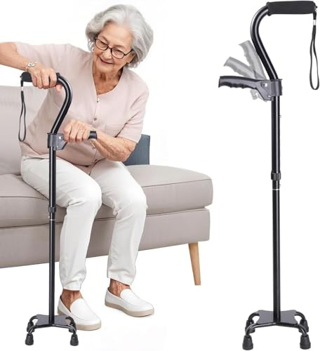 Adjustable Cane with Ergonomic Handle & 4-Prong Base for Stability, Walking Cane for Seniors, Men & Women, Assist with Standing and Walking (Black)