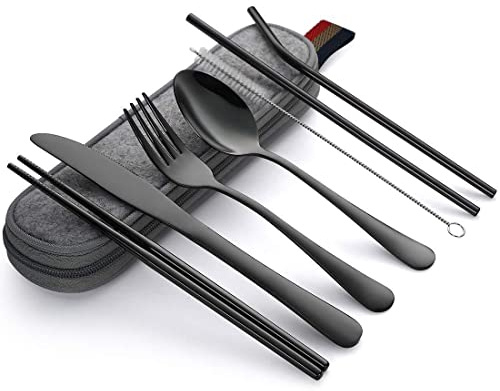 XRVRILE Set di posate da viaggio in acciaio inox con custodia, 8 pezzi, per viaggi, set di posate da campeggio portatile, ideale per picnic, attività all'aperto, ufficio