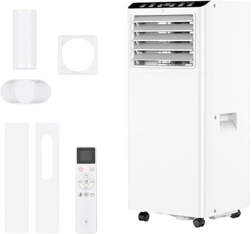 5-in-1 Portable Air Conditioner 7000 BTU – Fan, Dehumidifier, Ventilation, 3 Fan Speeds – Dual Digital Display, 24H Timer, Remote, Window Kit for Rooms Up to 376sq.ft, Home or Office – White