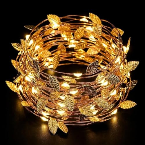 InteDesign 3M 20Led Gold Leaf String Fairy Lights Battery Operated Light Up Garland Ivy Fairy String Lights for Wedding Balcony Wall Bedroom Home Decor