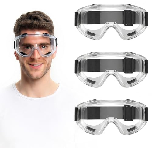 ACHANFLY 3 Stück Schutzbrille Arbeitsschutzbrille Antibeschlag, Staubschutzbrille, Vollsichtschutzbrille UV-Schutz, Verstellbares Kopfband Vollschutzbrille für Brillenträger Labor Baustelle Werkstatt