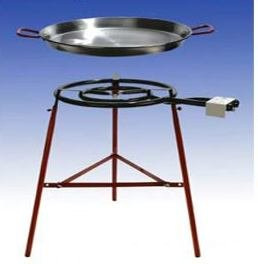 Huelva - Juego de barbacoa para paella (2 focos, quemador de gas de 45 cm, 2 anillas (15,7 KW), sartén de 65 cm, patas reforzadas, incluye manguera y reductor de presión