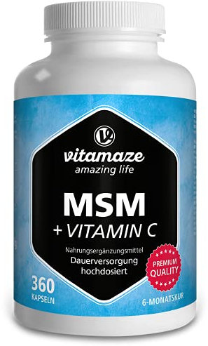 MSM Kapseln + Vitamin C, hochdosiert, 360 Kapseln für 6 Monate, 1.334 mg organisches Schwefel Pulver pro Tag, 99,9% reines Methylsulfonylmethan, Nahrungsergänzung ohne Zusätze, Made in Germany