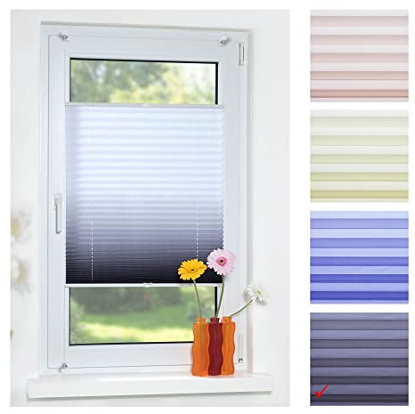 Liedeco® Klemmfix Plissee Farbverlauf verspannt mit Klemmträger/Breite x Höhe: 75x130 cm/Farbe: Grau/Plissee farbig/lichtdurchlässig verstellbar/Innen-Montage ohne Bohren / 123 montiert