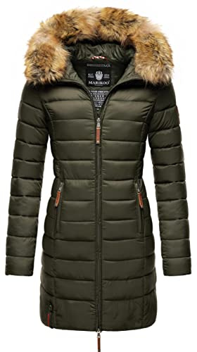 MARIKOO Damen Winter-Steppmantel Rose-Stepp mit großer Kunstfellkapuze | Länge: po-bedeckend | Wärmegrad 3 von 3 – warm gefüttert | Matt schimmerndes, weiches Obermaterial
